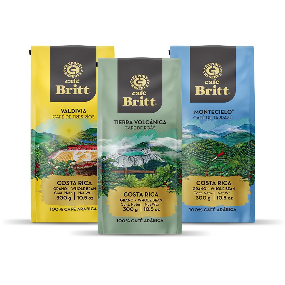 Café Britt® — Costa Rican Origins kafijas komplekts (300g) (3 iepakojumi) (Tarrazú, Tres Ríos & Poás) — kafijas pupiņas, arabikas kafija, košers, bez lipekļa, gardēdis un vidēji gaišs un tumšs grauzdējums